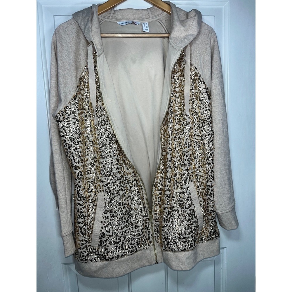 Isaac Mizrahi Live QVC Gold Sequin Zip Hoodie Large Oatmeal Raglan Sparkle Luxe - Picture 3 of 10